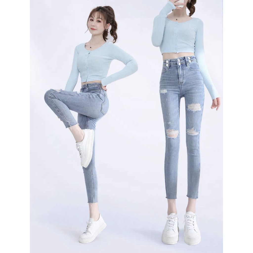 Quần jean nữ Bigsize Dài lưng cao, lưng kiểu đai 2 nút, màu xanh đá 3947