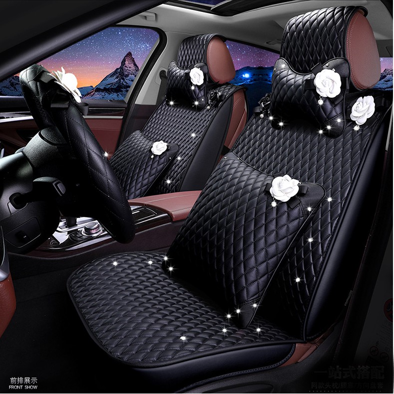 TRỌN BỘ BỌC ÁO GHẾ DA CAO CẤP LUXURY HOA TRÀ: Bao gồm bọc áo ghế trước sau, gối tựa, vô lăng