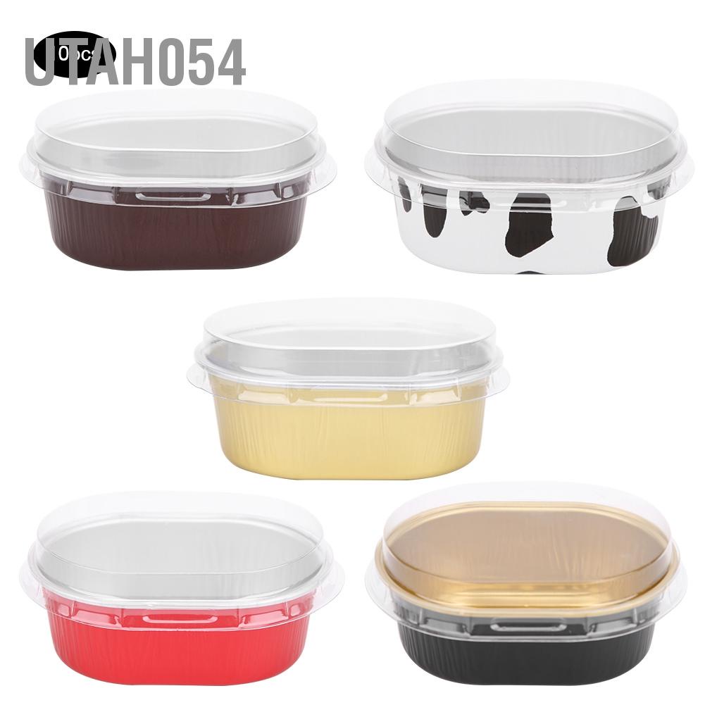 Utah054 10Pcs Disposable Oval&amp;#8209;Shaped Aluminum Foil Cake Baking Cup Mold with Lid Kitchen Accessory