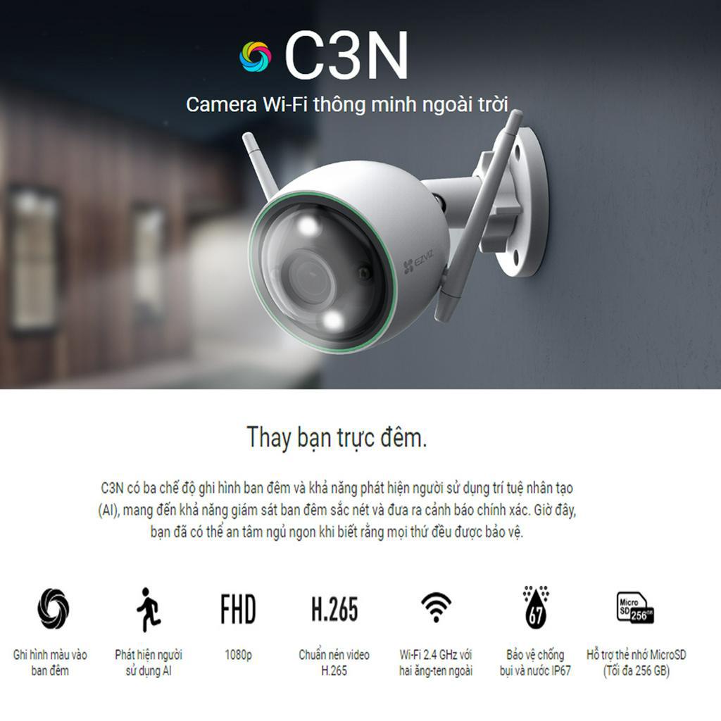 Camera Wifi EZVIZ Ngoài Trời C3N 2.0MP 1080P có màu ban đêm, Tính năng AI, Phát hiện chuyển động - Bảo hành 24 Tháng