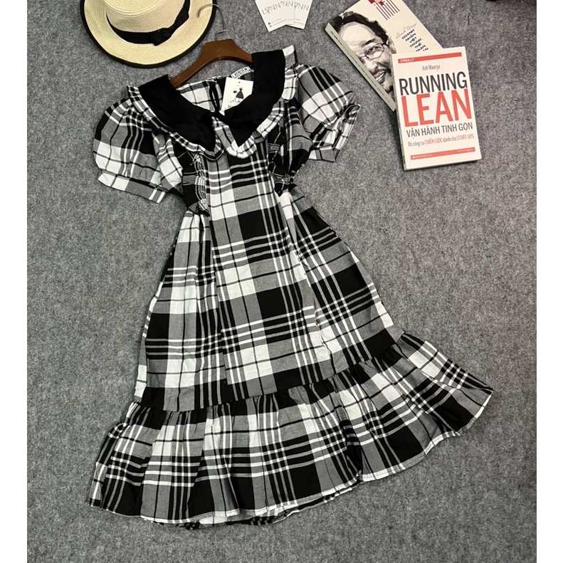 ĐẦM CARO XOÈ BABY DOLL ĐUÔI CÁ CỔ BÈO NHÚN