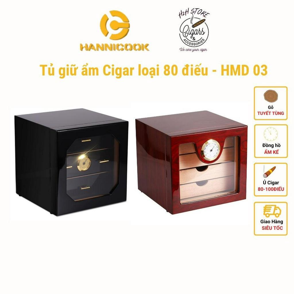 Hộp ủ Cigar - Tủ bảo quản Xì Gà 3 ngăn Hanicook 80 điếu- Gỗ Tuyết Tùng, sang trọng - H2H Store
