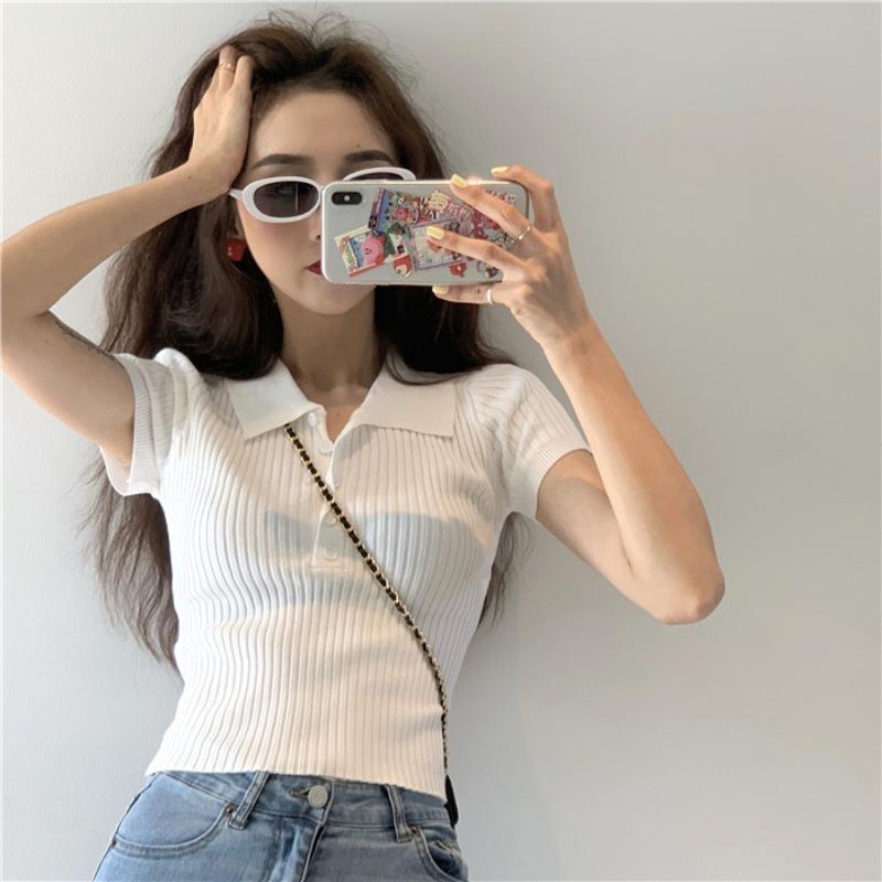 Áo Thun Polo Dệt Kim Mỏng Tay Ngắn Màu Đen Thời Trang Mùa Hè Cho Nữ