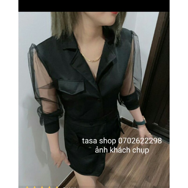 TSL-Jum cổ vest tay lưới sang chảnh màu đen đính cúc chéo v dễ thương dự tiệc TASA