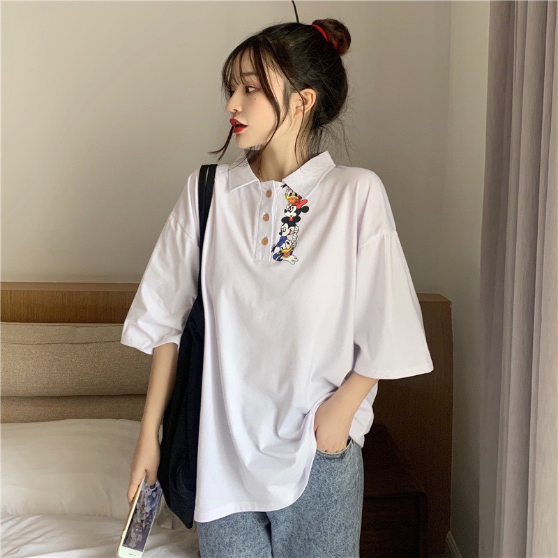 Áo Thun Polo Tay Lỡ, Áo Polo Tay Lỡ In Hình Chuột Mickey - Áo Polo Mix Unisex - mm