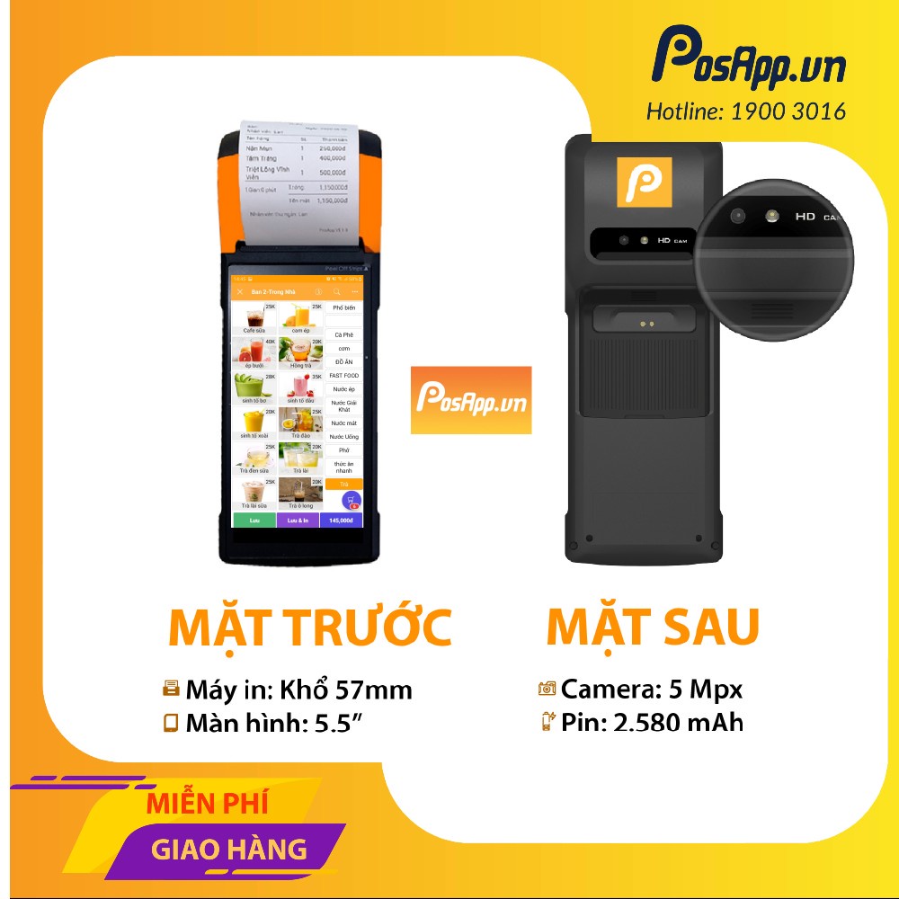 Máy POS cầm tay tích hợp máy in hóa đơn nhiệt Sunmi V2 + 3 tháng phần mềm PosApp, nhận đơn GrabFood, Baemin, shopee food
