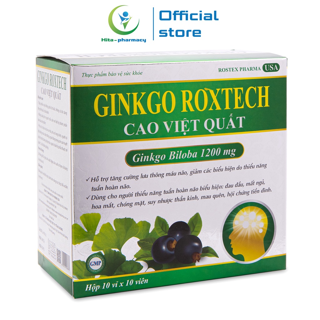 Hoạt huyết dưỡng não Ginkgo Biloba 1200mg, cao việt quất, nattokinase - 100 viên [Ginkgo Roxtech Cao Việt Quất Xanh]