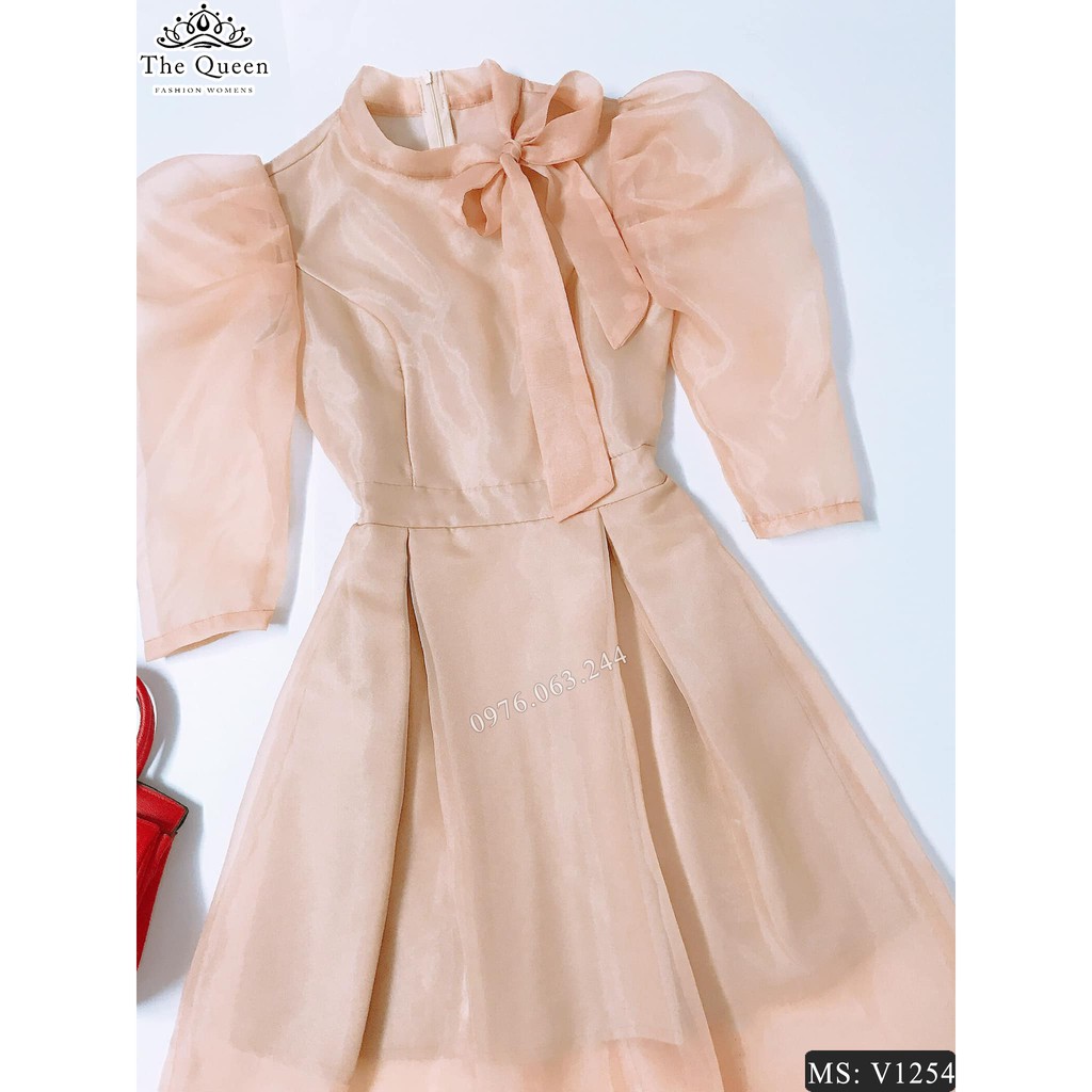 váy xòe tay lỡ V1254 màu nude kín đáo sang trọng thắt nơ cổ - The Queen Fashion - Có kèm ảnh chụp thật sản phẩm