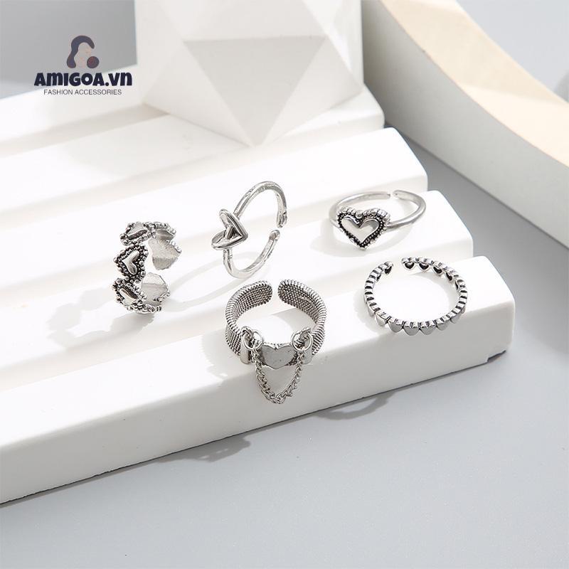 ✨✨Bộ 5 Nhẫn Hở Họa Tiết Trái Tim Đơn Giản Sáng Tạo Phong Cách Cổ Điển