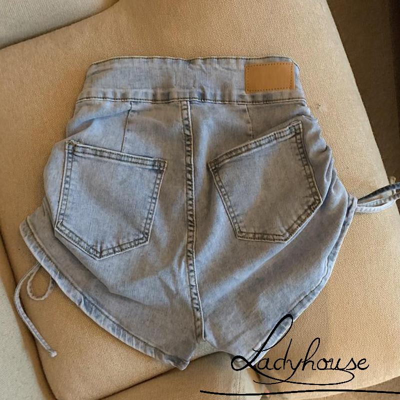 Quần Short Jean Ngắn Lưng Cao Co Giãn Phối Hai Hàng Nút Hai Bên Màu Trơn Cho Nữ