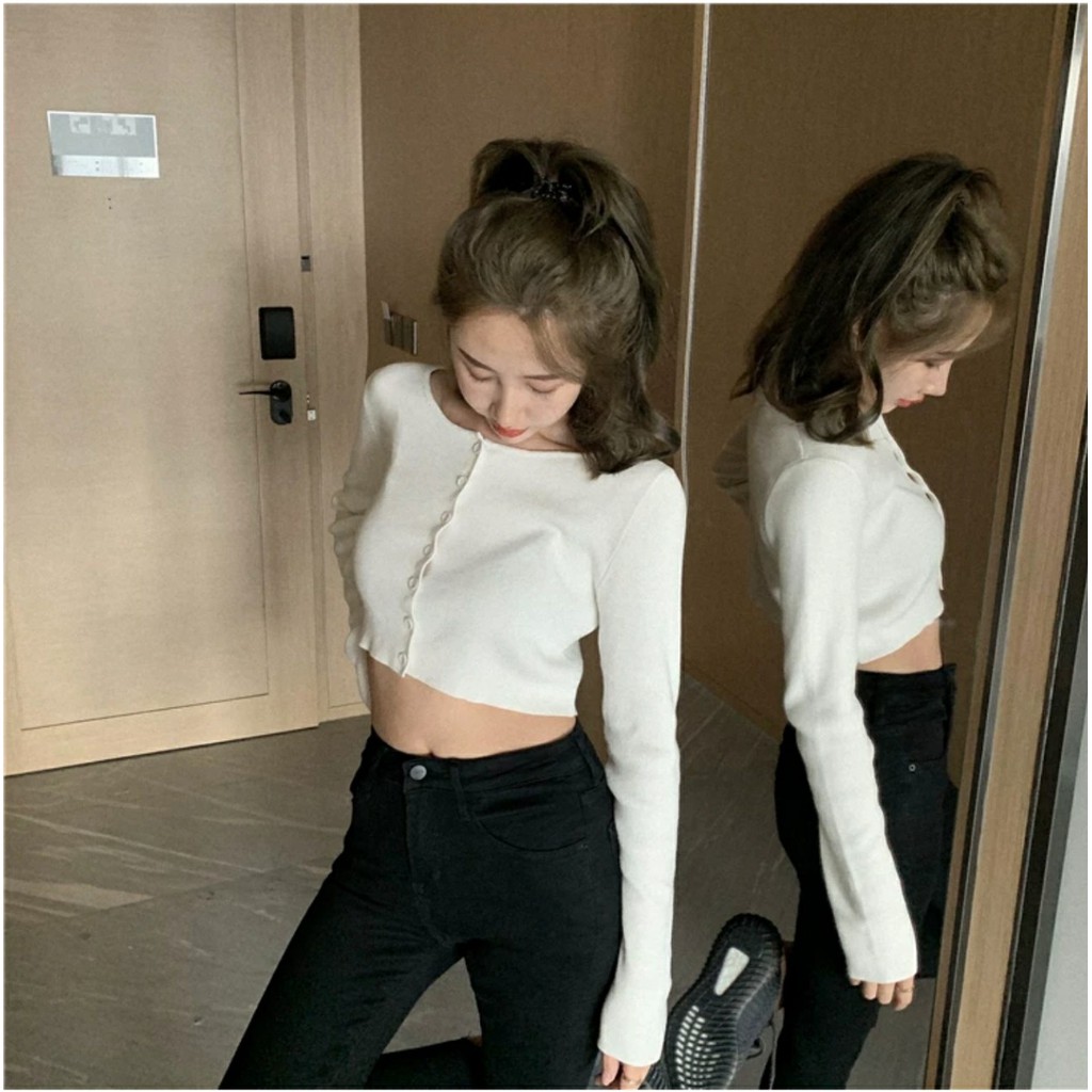 Áo Croptop Cổ Tim Tay Dài YAN Phối Khuy Unisex màu Trắng/Đen/Xanh/Tím