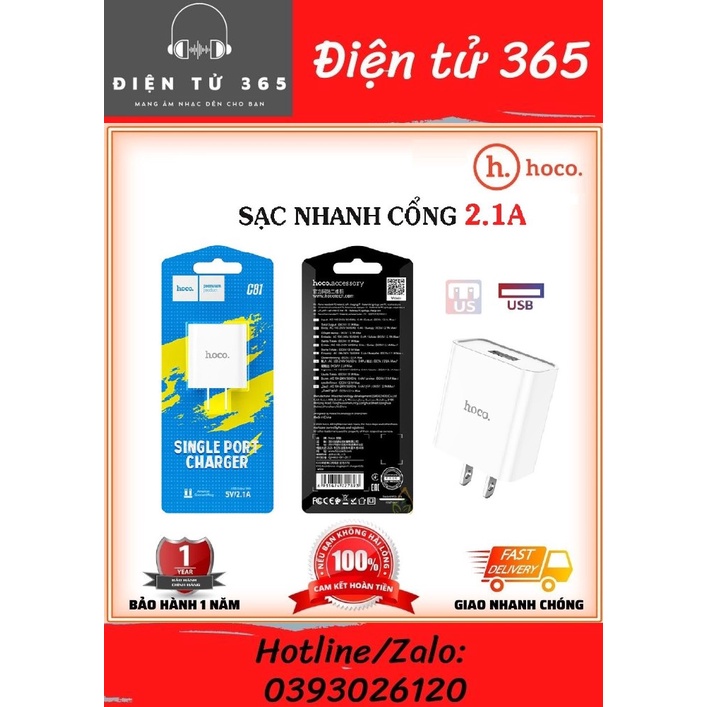 Củ Sạc Nhanh Hoco Chính Hãng C81 - cổng sạc USB 5V/2.1A 10W Dành cho iPhone/Android
