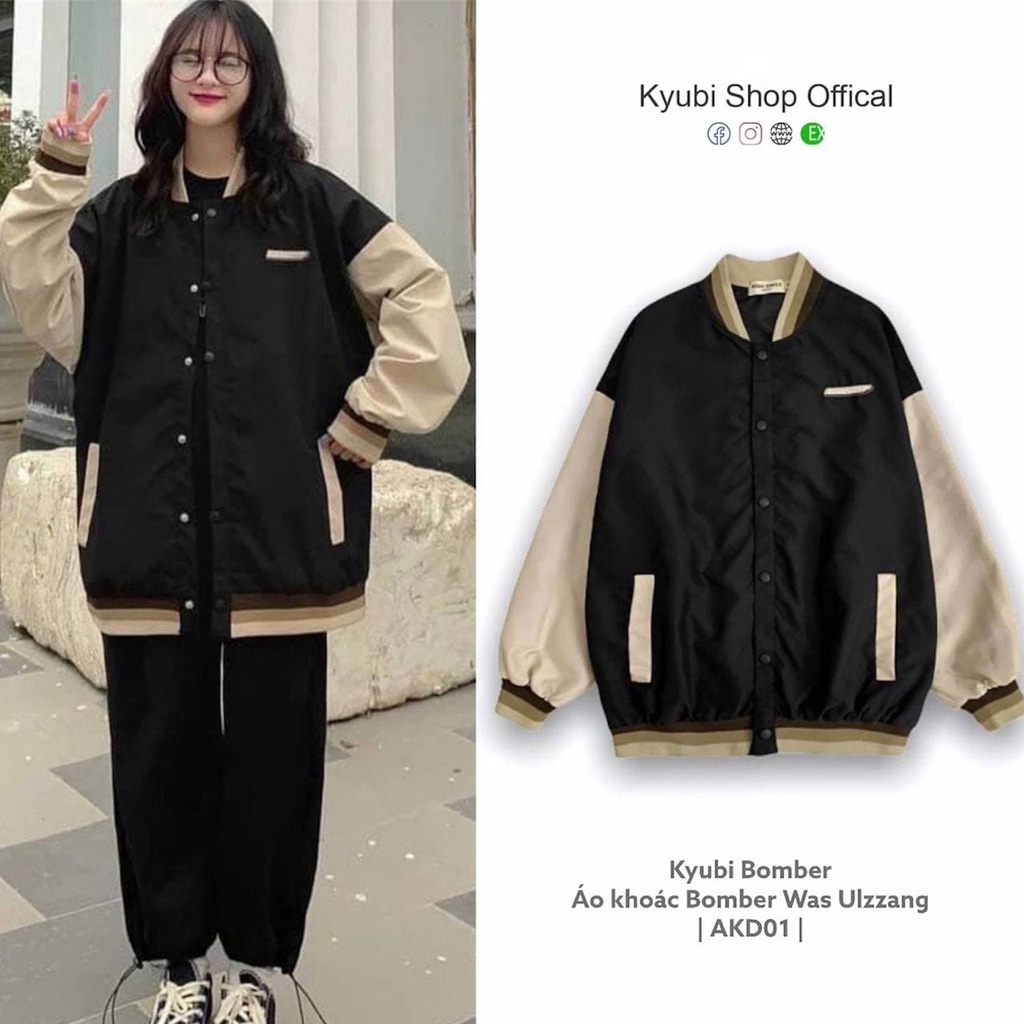 Áo khoác bomber WAS 2 màu unisex ulzzang form rộng - Áo bomber bóng chày Kyubi AKD01