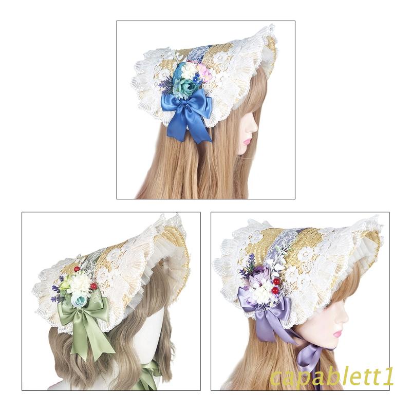 Mũ rơm viền ren nhún bèo ruy băng trang trí bông hoa handmade phong cách lolita vintage thanh lịch