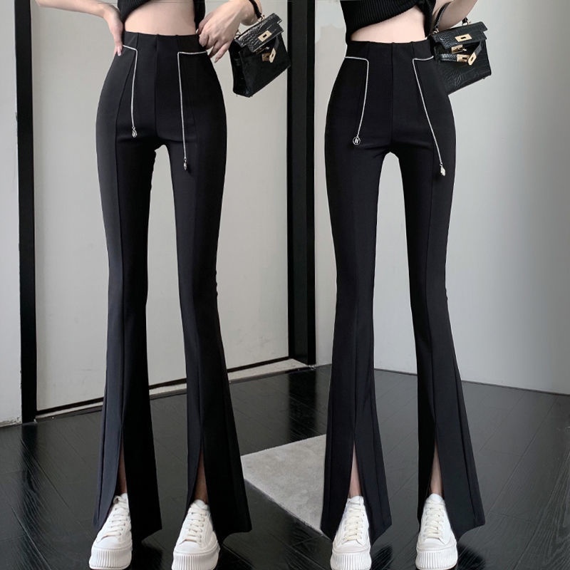 Quần Dài Ống Loe Lưng Cao Xẻ Tà Màu Đen Thời Trang Mùa Hè Cho Nữ