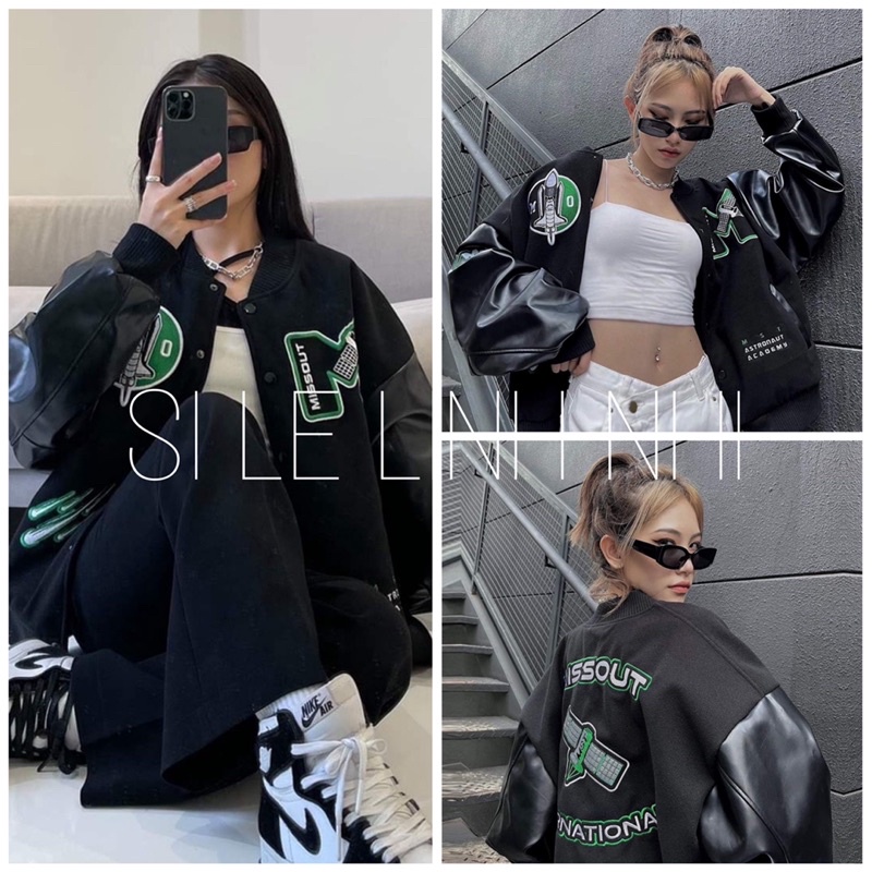 ✨ Áo Bomber Nỉ MISSOUT Phối Tay Da 🦋 Áo Khoác Bóng Chày Unisex Dáng Rộng 🦋 😚