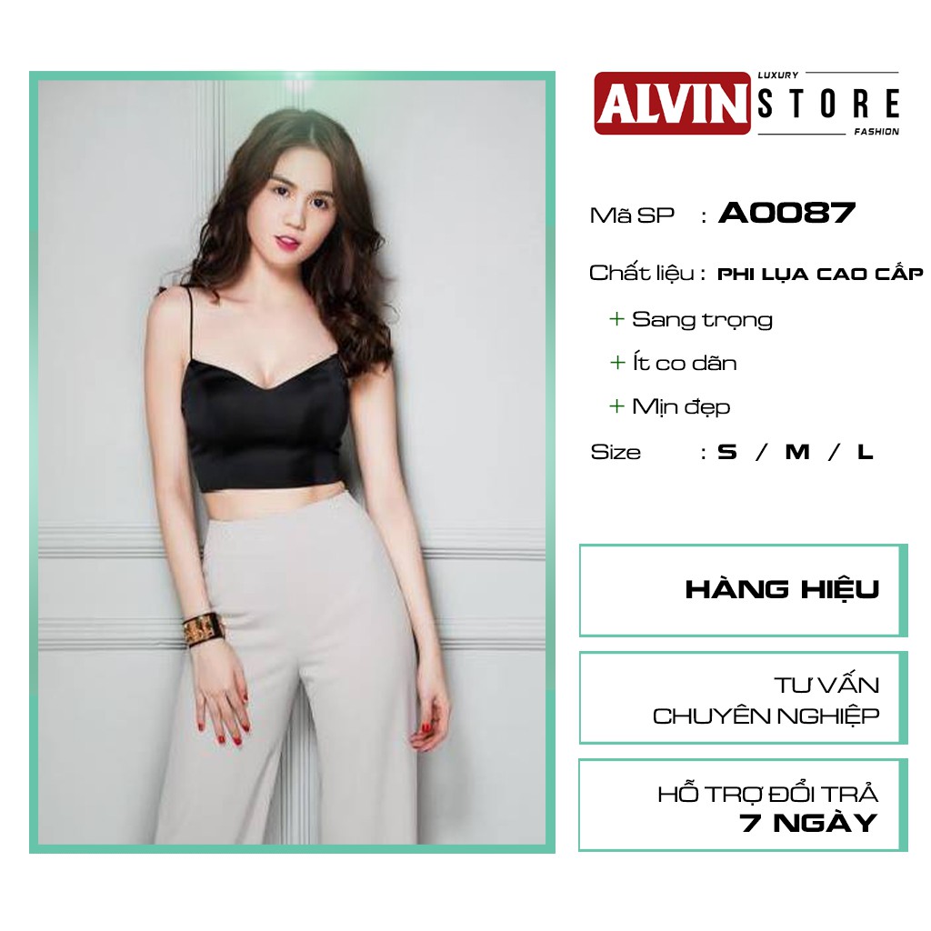 Áo Croptop Ôm Hai Dây Cổ Tim Cúp Ngực Vải Lụa Đen Cao Cấp A0087