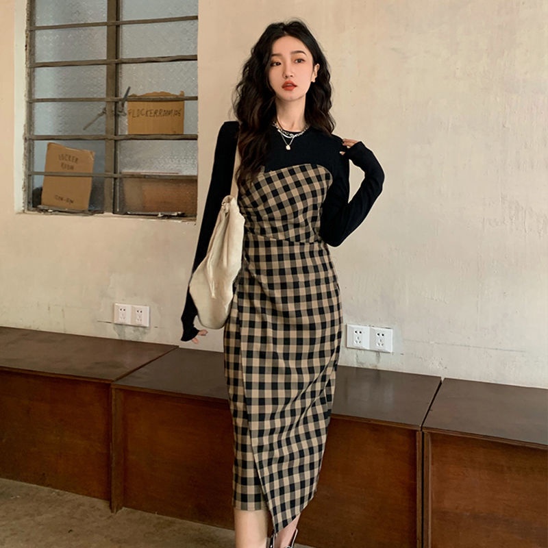 Set Váy Liền Kẻ Đen Vàng ⚡️ẢNH THẬT⚡️ Đầm Nữ Chất Cotton, Tay Dài, Dáng Xinh Cho Nữ