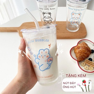 Cốc thủy tinh uống trà, cà phê, ly thủy tinh họa tiết hình gấu có ống hút, nắp đậy, tặng kèm nút đậy ống hút