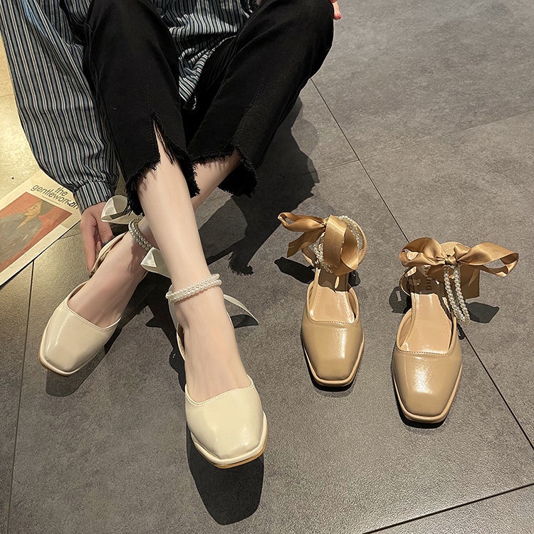 ๑✌Baotou sandals women s summer 2021 new fashion and versatile gentle pearl bow thick heel non-slip high heels trend