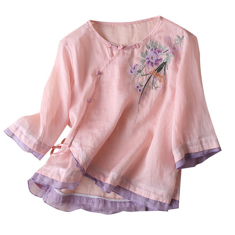 Áo Sơ Mi 100% Cotton Tay Lỡ Thêu Họa Tiết Phong Cách Retro Thời Trang Mới