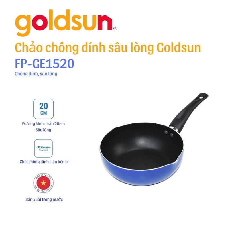 Chảo chống dính Goldsun FP-GE1520(B) Đường kính 20 cm, Sâu lòng 6 cm, Hấp thụ nhiệt nhanh, Bảo hành 12 tháng