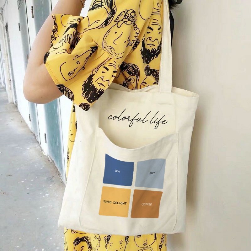 Túi Vải Tote Cỡ Lớn Colorful Life Ngăn Ngoài Korea