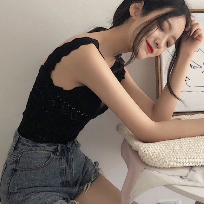 Áo không tay cổ V màu trơn phối ren thời trang quyễn rũ cho nữ