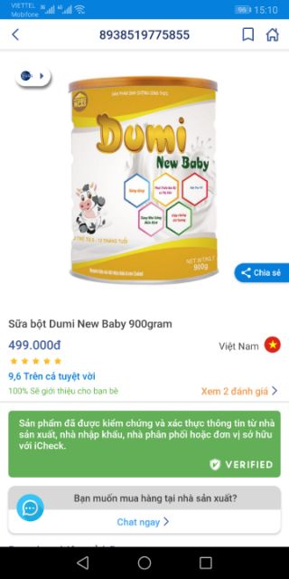 Sữa bột Dumi new baby 900g