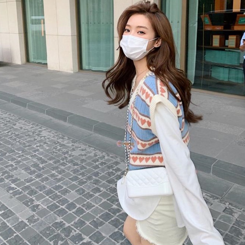 Áo Dệt Kim Không Tay Cổ Chữ V Phong Cách Harajuku Cổ Điển