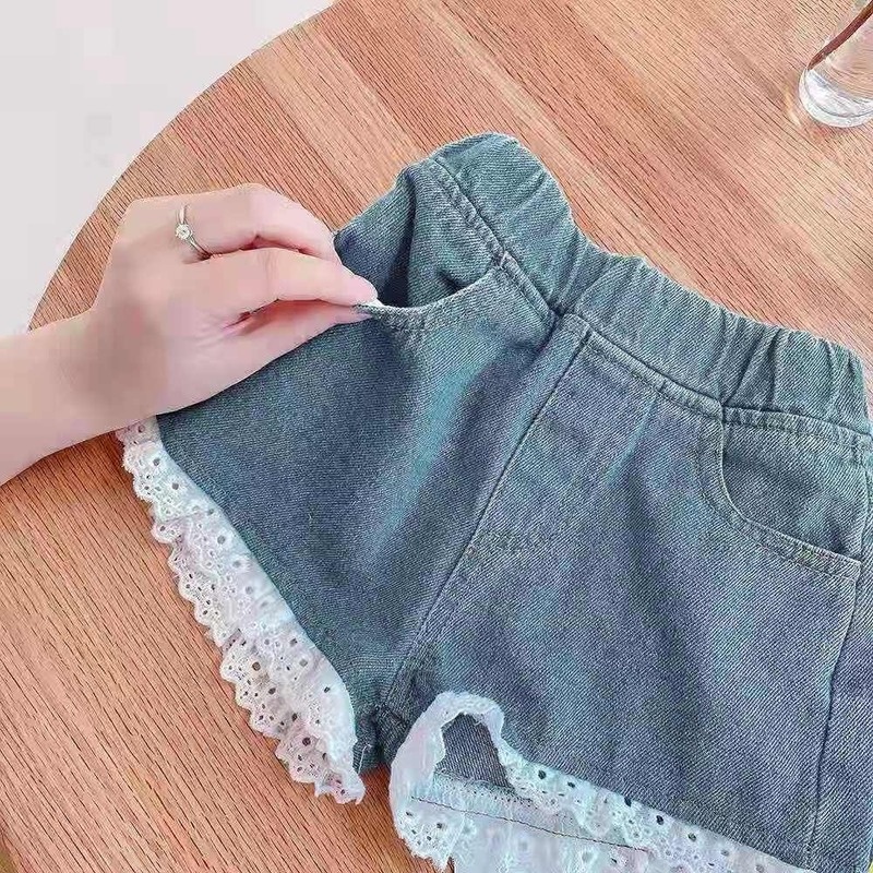 Quần Short Denim Lưng Cao Dáng Rộng Viền Ren Thời Trang Mùa Hè Hàn Quốc Mới Cho Bé Gái
