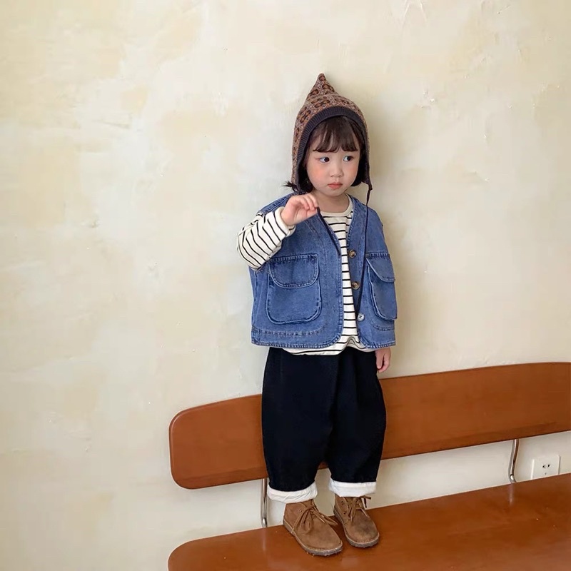 Áo khoác Gi-lê jeans sát nách màu xanh cho Bé Trai và Bé Gái từ 1 đến 4 tuổi phong cách Hàn Quốc - Hàng Loại 1 - AYYKAO