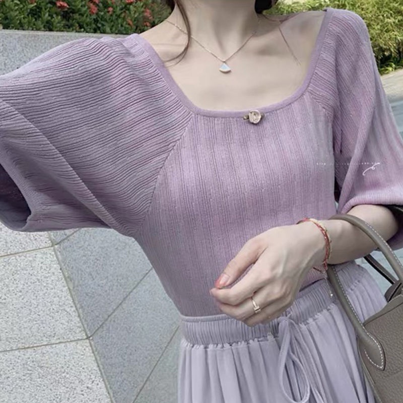 Áo dệt kim tay ngắn phồng cổ vuông phong cách retro Pháp