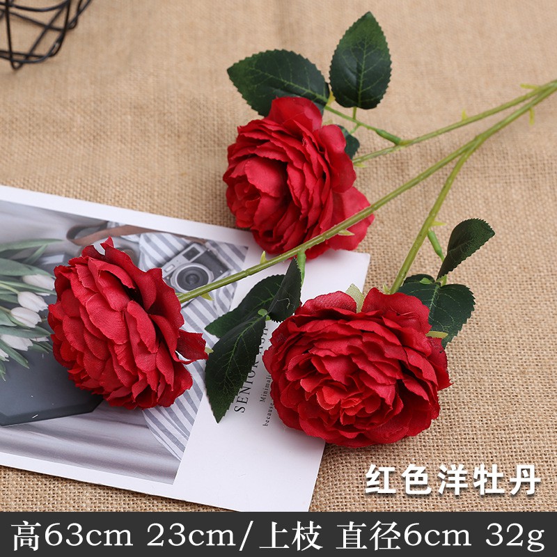 Hoa giả nhân tạo, 1 cành Hoa mẫu đơn cành 3 bông siêu to