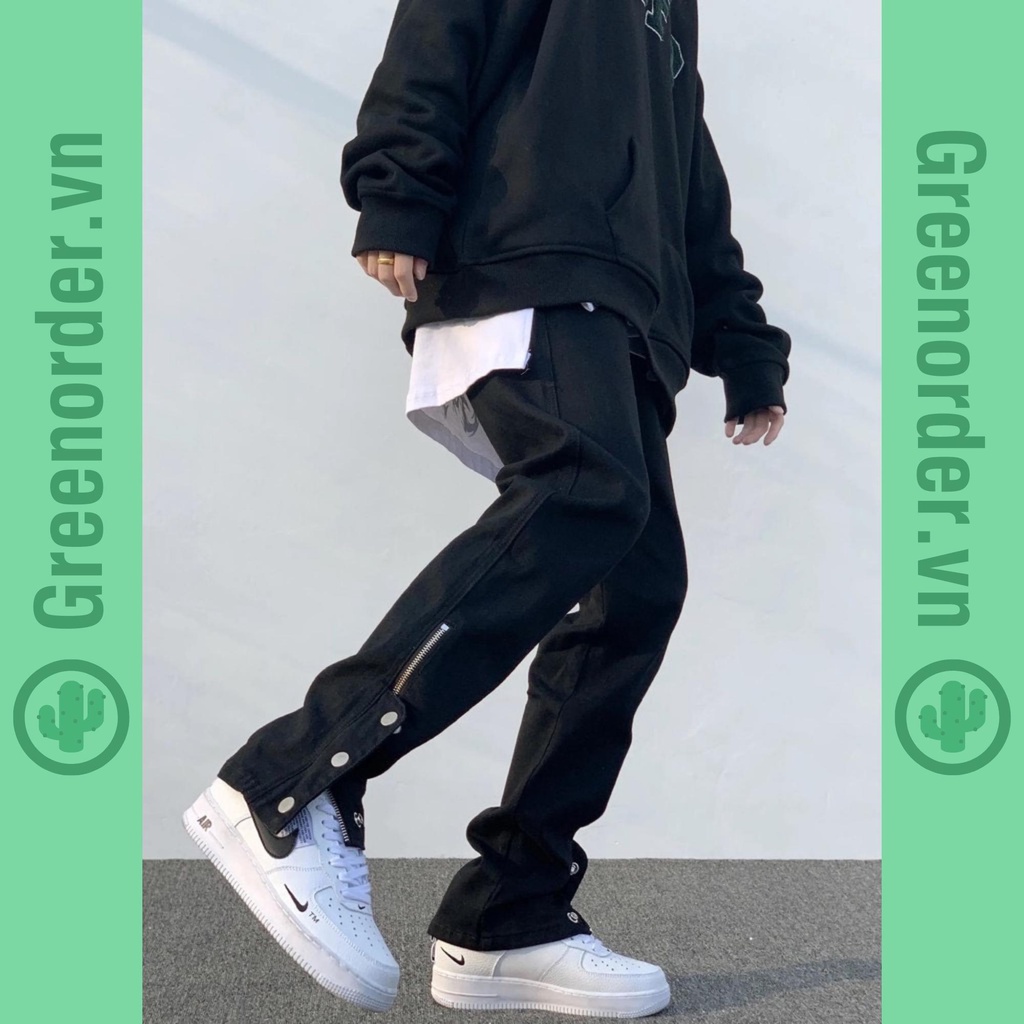 Quần jean form rộng unisex họa tiết cúc bấm kèm zip ống quần phong cách đường phố