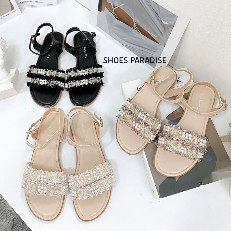 Giày sandal nữ giày sandal dây nữ ngang đi học đế bằng SHOES PARADISE