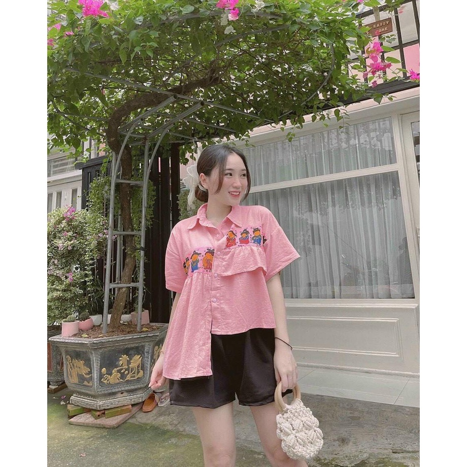 Set áo sơ mi lụa lệch vạc, quần thun ngố ôm màu đen, mặc đi chơi, mặc ra ngoài, mặc ở nhà cực xinh và dễ thương