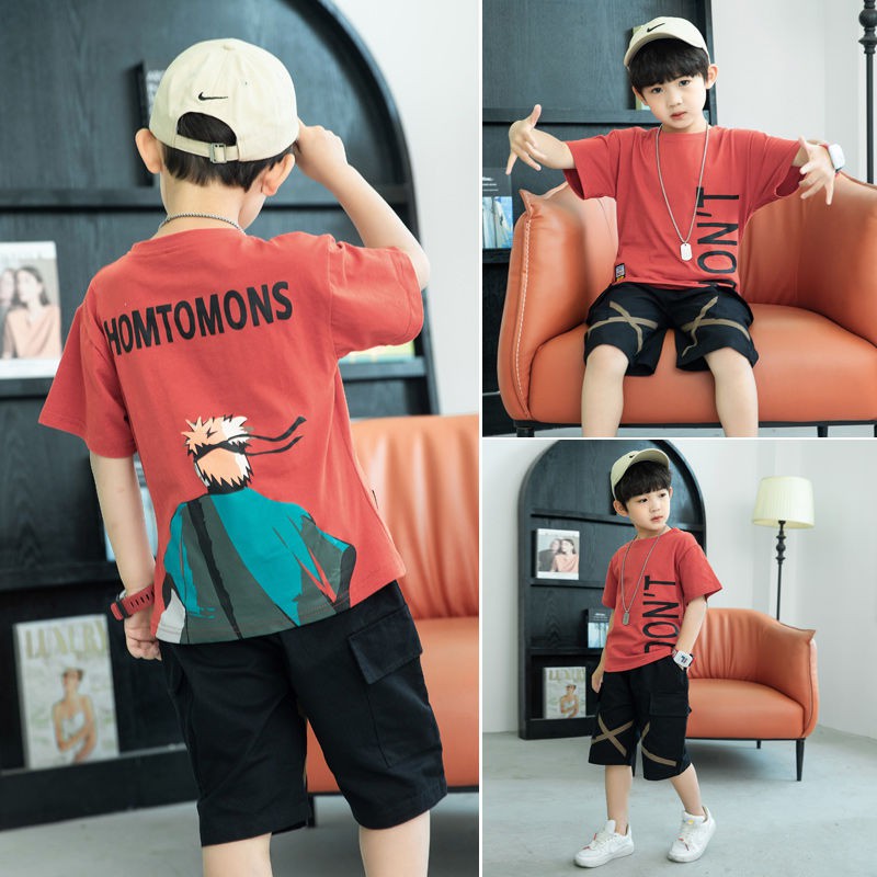 ☜❄✢Bộ quần áo trẻ em bằng vải cotton nguyên chất cho bé trai 2021 quần short áo thun ngắn tay mùa hè mới, bộ đồ hai mảnh