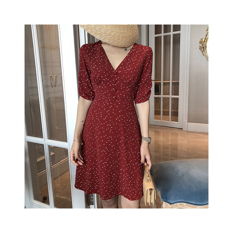 Đầm Dáng Chữ A Hở Lưng Tay Ngắn Cổ Chữ V Họa Tiết Chấm Bi Phong Cách Retro Thời Trang Mùa Hè Cho Nữ