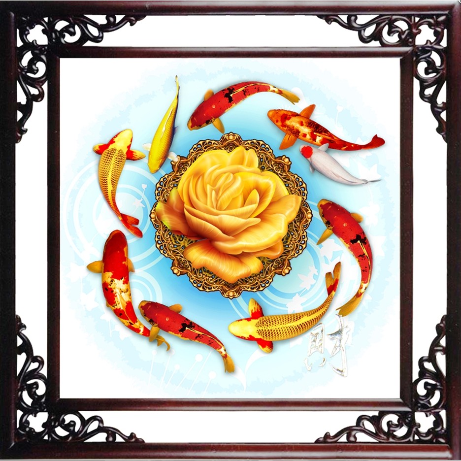 Tranh Đinh Đá ABC 3D Chín Cá Quanh Hoa Mẫu Đơn Phú Quý 6112 (KHÁCH TỰ ĐÍNH) KT:63X63CM