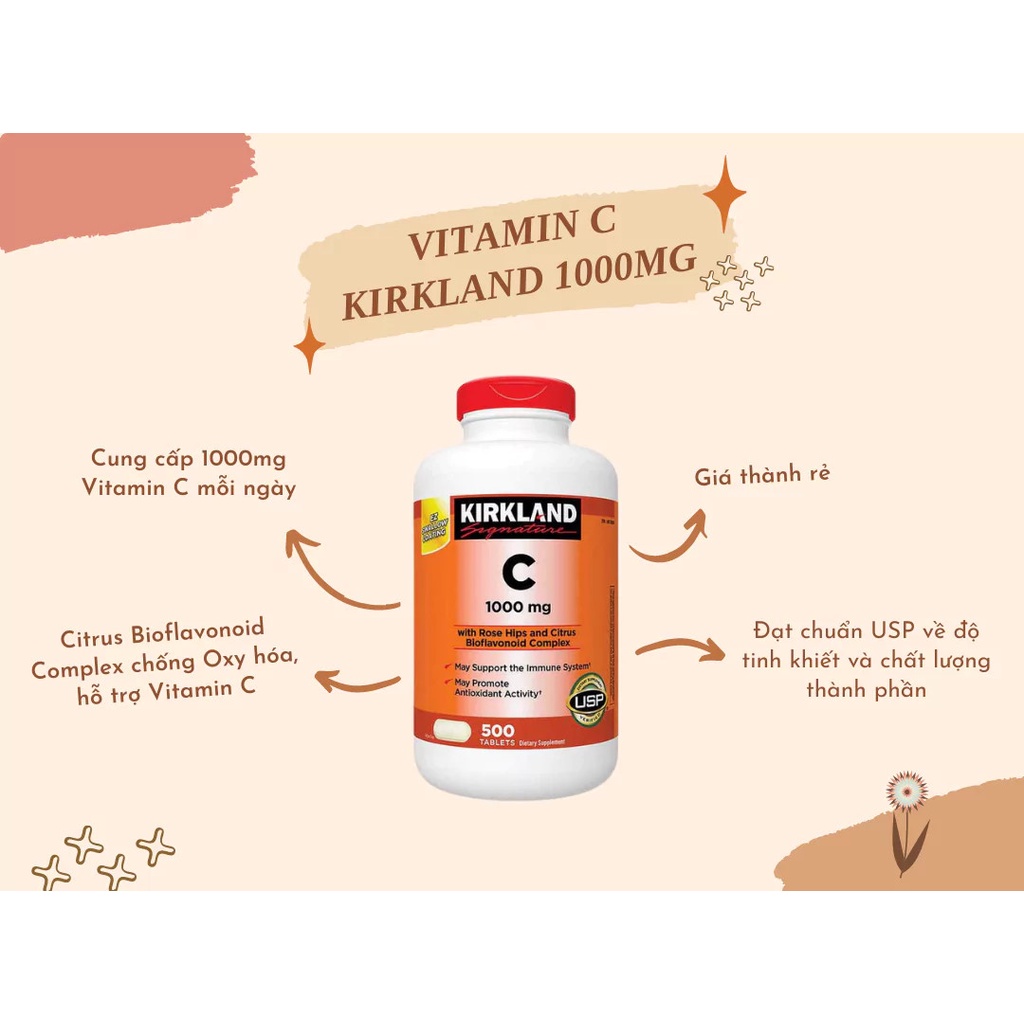 Viên uống vitamin C kirkland signature1000mg 500 viên tăng cường sức đề kháng và hệ miễn dịch Healthy care quatangme