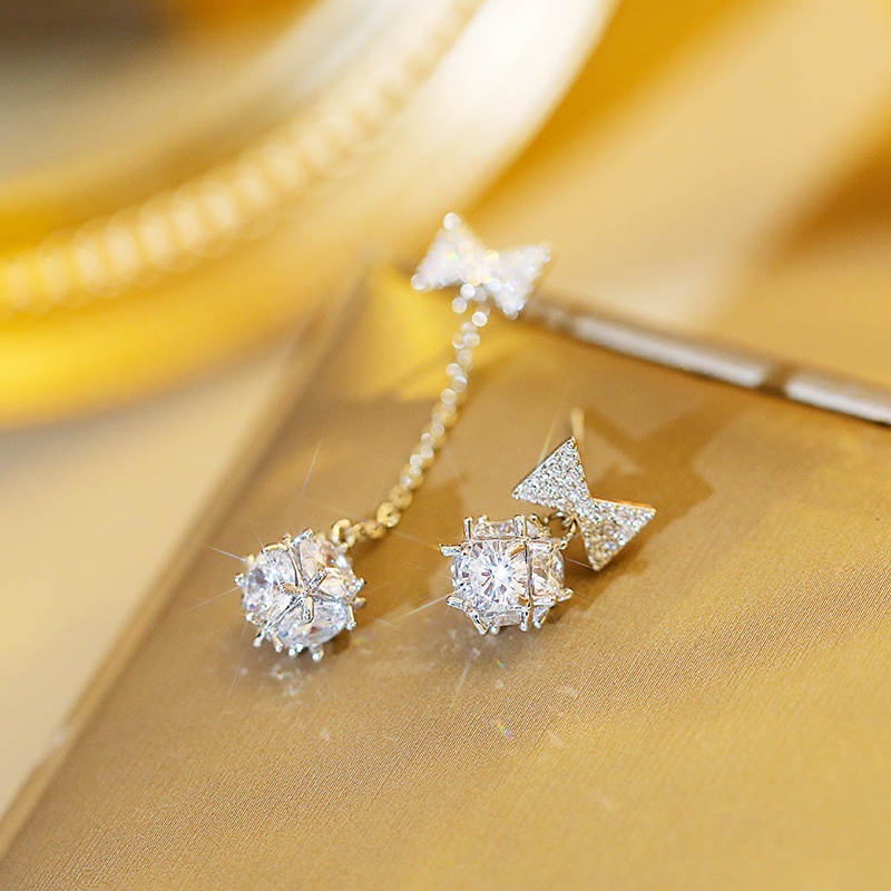 [Jiudolan] Khuyên Tai Đính Đá Zircon Ruy Băng Không Đối Xứng Tinh Tế Sáng Bóng Thanh Lịch Dành Cho Nữ