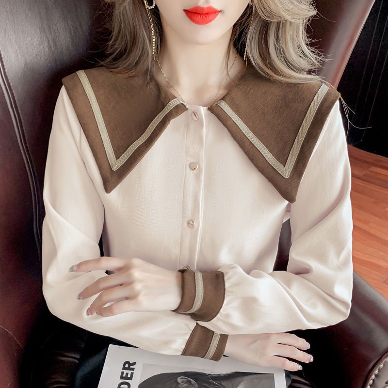 Áo Sơ Mi Tay Dài Cổ Búp Bê Màu Sắc Tương Phản Size S-3XL Phong Cách Retro Thời Trang Mùa Thu Cho Nữ