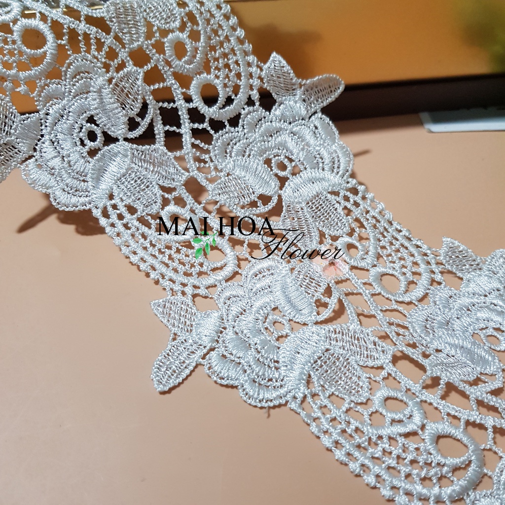 RC10 Cuộn 1 mét ren viền dùng may đồ ren chỉ trắng hoa hồng rộng 10cm Maihoaflower