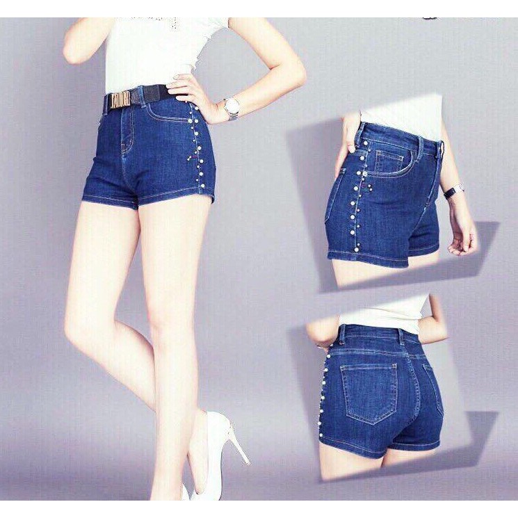 Quần short jeans nữ kết hạt màu trắng - đen - xanh