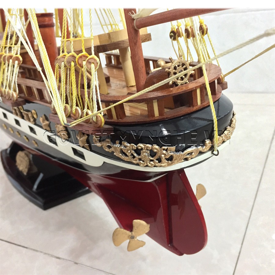 Mô hình thuyền gỗ thuyền trang trí tàu chở hàng France II - Thân tàu dài 80cm - Gỗ tự nhiên - Sơn màu đỏ/đen