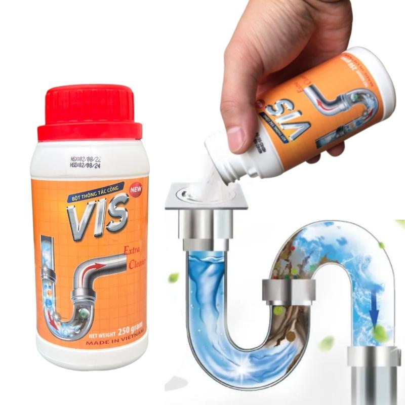 Bột thông cống cực mạnh VIS thông tắc bồn cầu, bột thông tắc bồn rửa bát, bồn rửa mặt 250 gam an toàn và hiệu quả