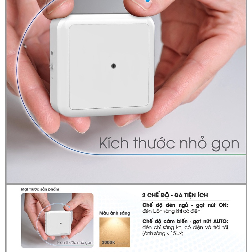 Đèn ngủ cảm biến Rạng đông Model: ĐN02.LS 65x65/0.3W- Hàng Chính Hãng