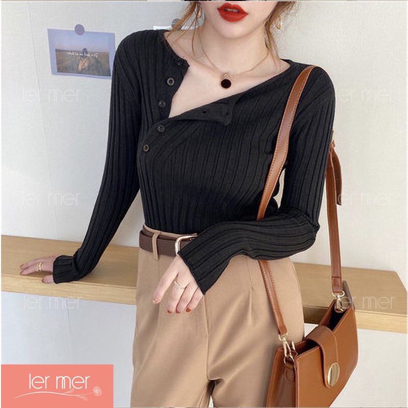 Áo len tăm dài tay cổ mở cúc chéo tôn dáng chuẩn loại 1 🌼 Áo len tăm thời thượng 3 màu Ler Mer