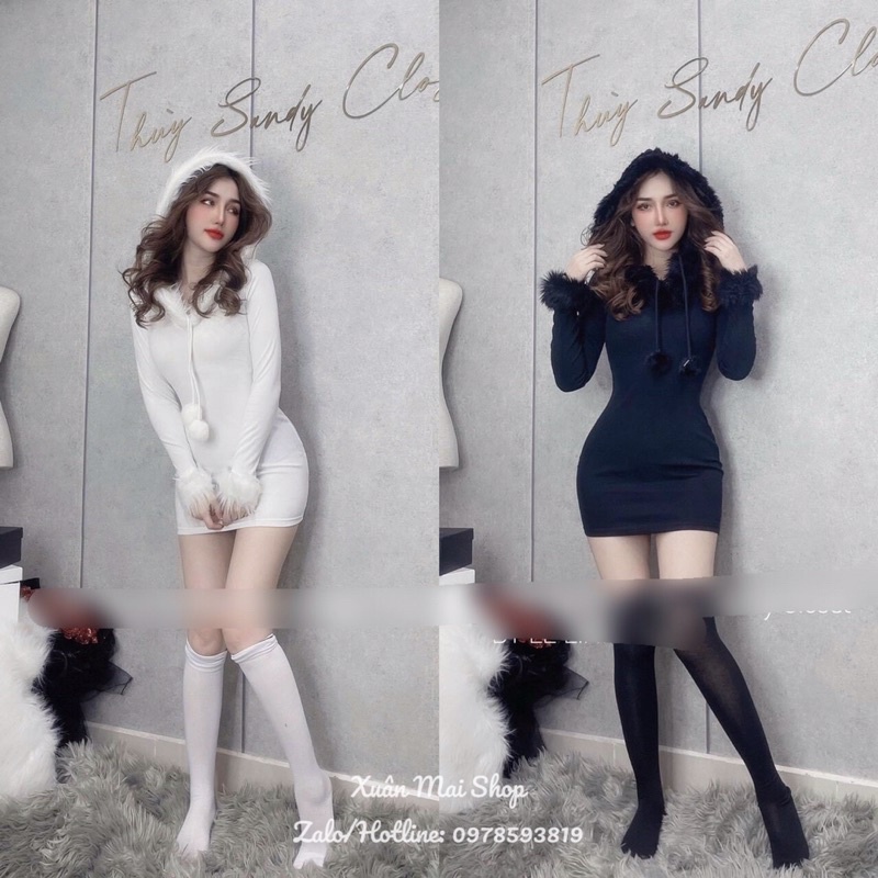 Đầm ôm body nón lông tay dài phối lông chất gân tăm hai màu đen trắng đồ đông Noel Tết